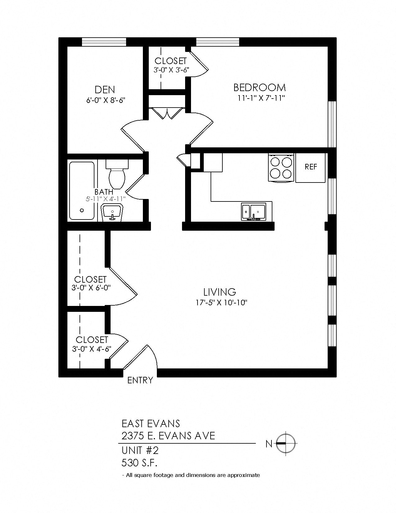 Floor plan for 1 bed, 1 bath, 525 sqft